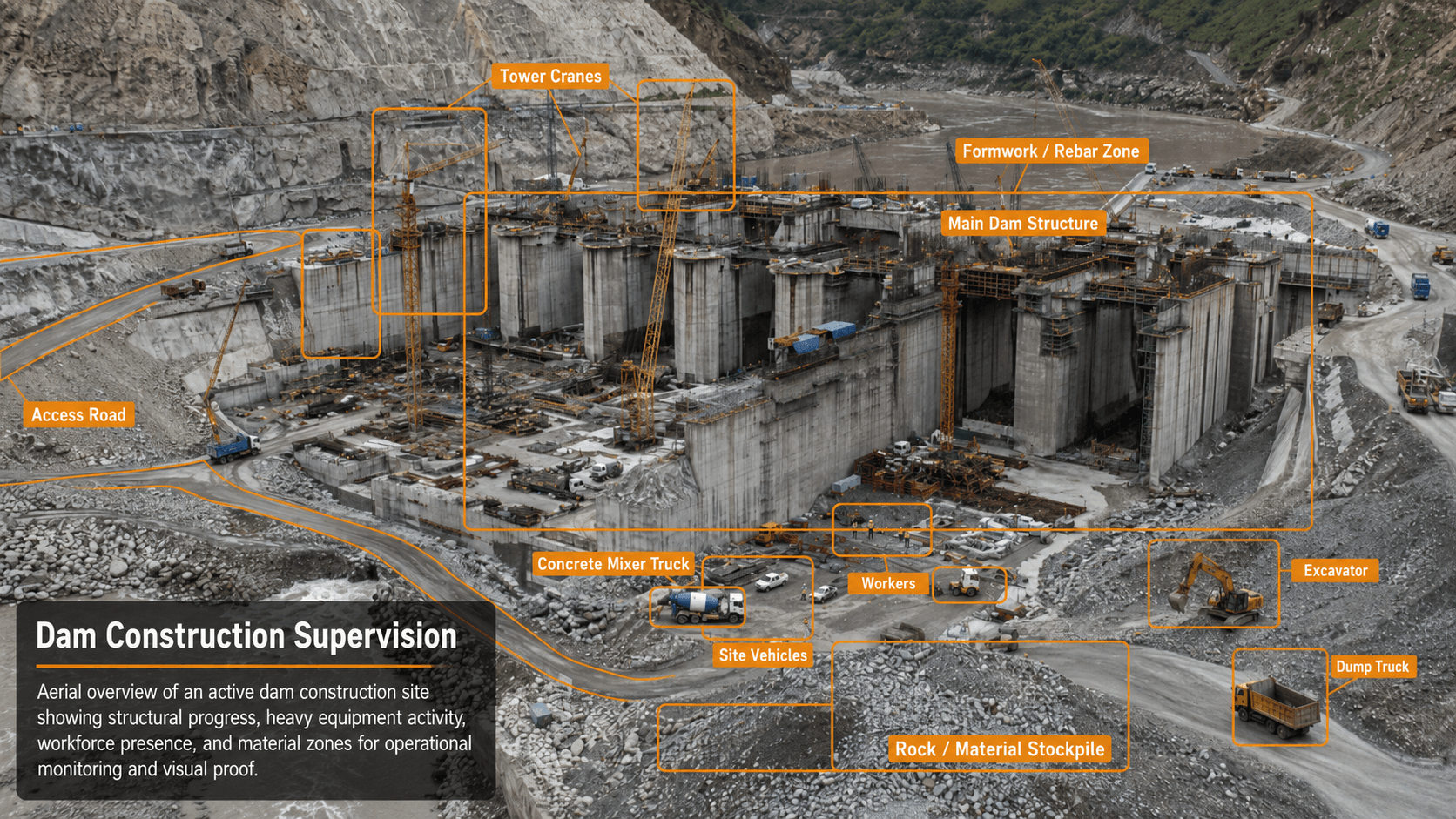 Dam construction supervision image with AI overlay labels for cranes, access roads, workers, equipment and stockpiles.