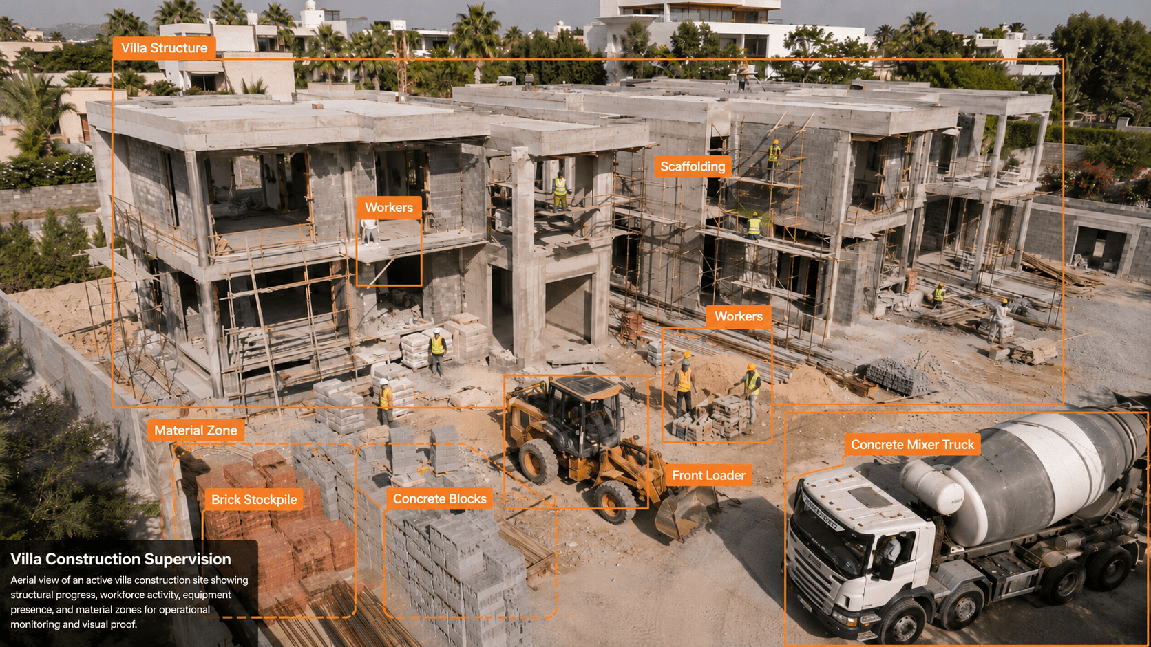 Villa construction supervision image with AI labels for structure, workers, scaffolding, material zones and equipment.